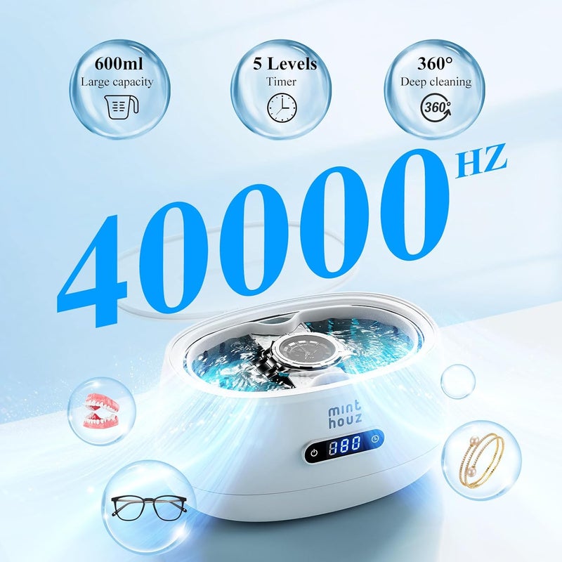 Minthouz Ultrasonic Jewelry Cleaner Machine with 5 Cleaning Modes, 40kHz Professional Sterling Silver Sonic Cleaner for Jewelry, Watch Strap, Eyeglass, Ring, Dentures Cleaning - Image 2